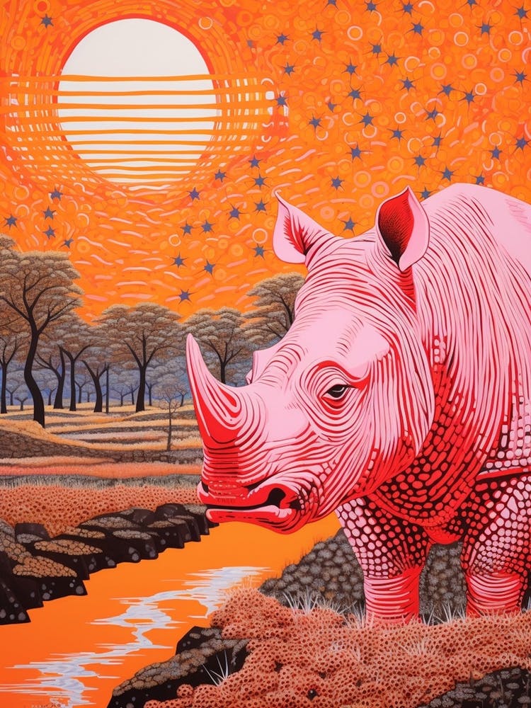Abstraktes Linolschnitt-inspiriertes Orange Nashorn 2