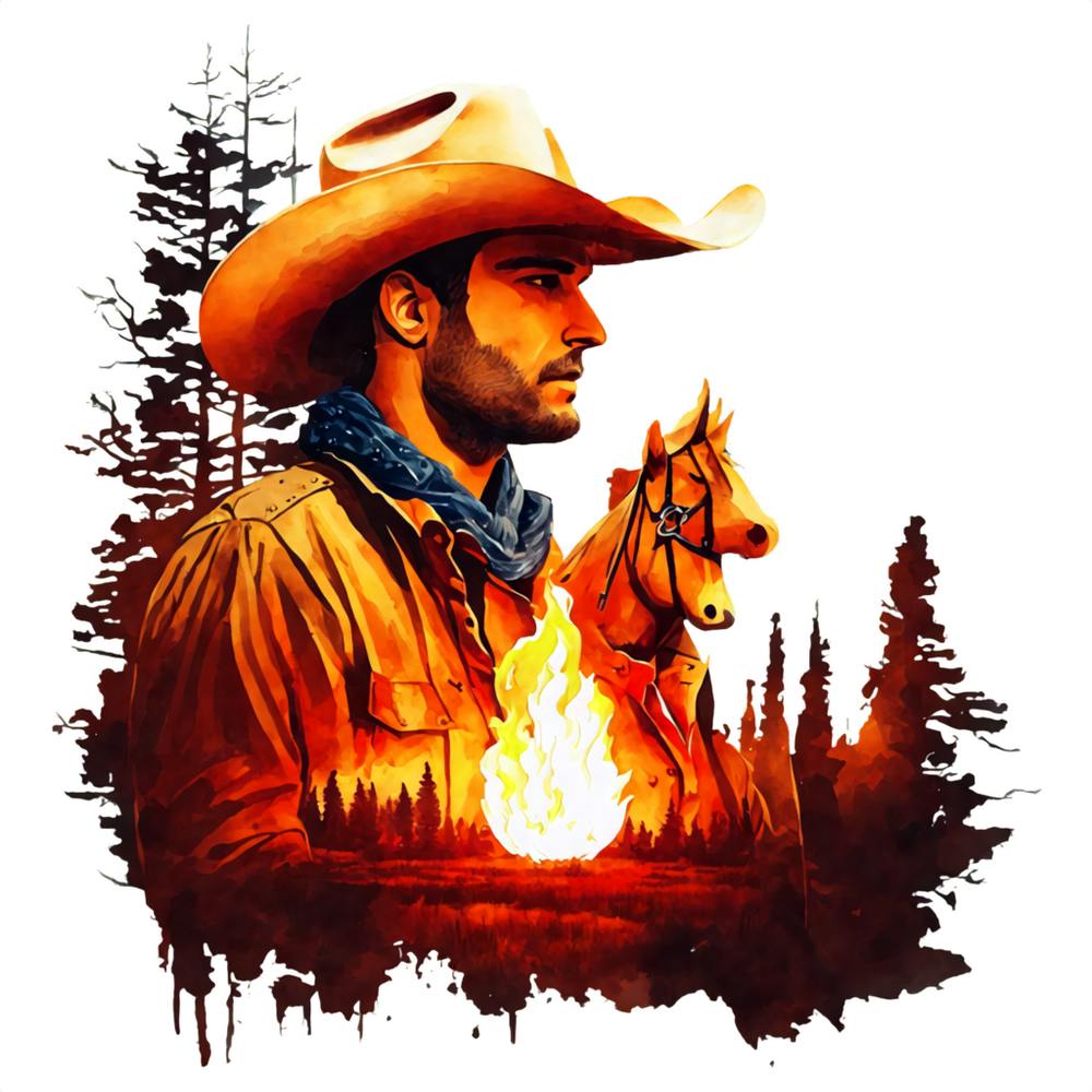 Cowboy and Horses in Western Scene