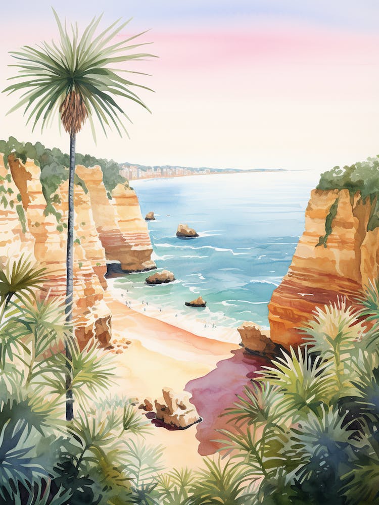 Watercolor Painting Of Praia Dona Ana, Lagos Portugal 2