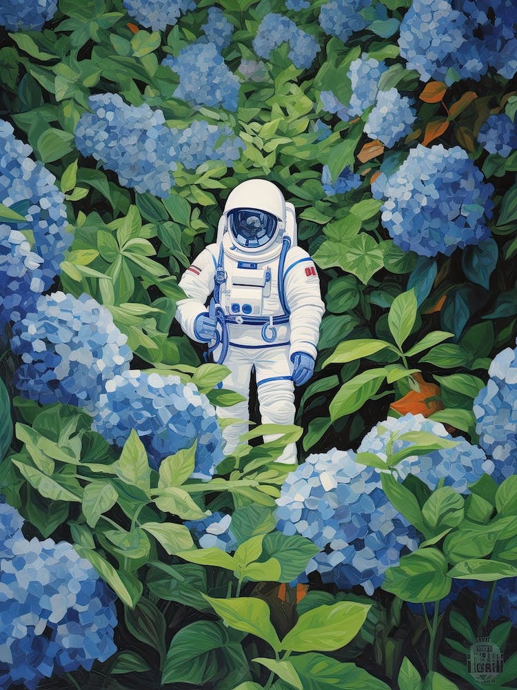 Astronaut Surrounded By Royal Blue Hydrangea Flower 3