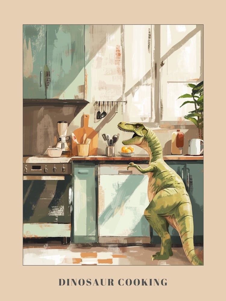Dinosaur Cooking In The Kitchen Pastel Painting 3 Poster