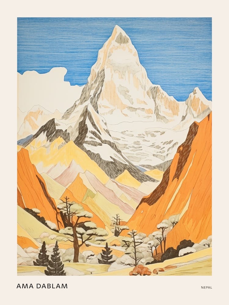 Ama Dablam Nepal 1 Colourful Mountain Illustration Poster