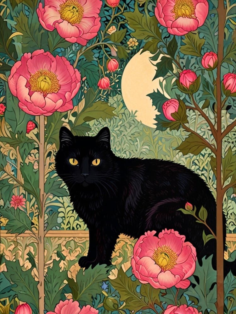 William Morris Black Cat In Pink Flowers 1