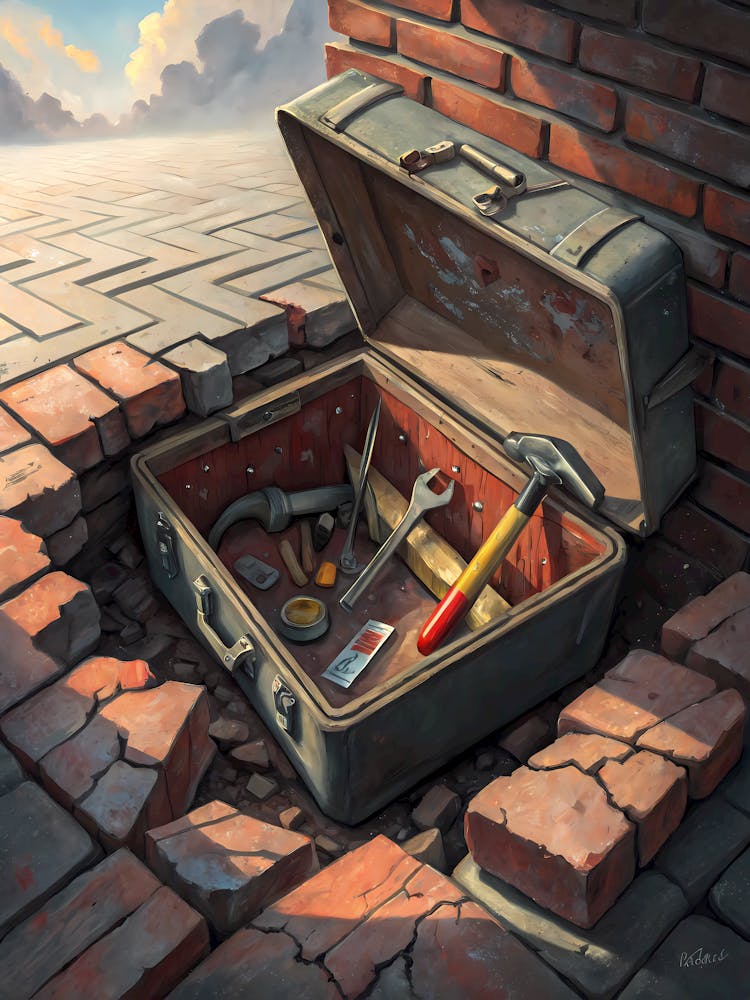 Hidden Toolbox with Tools Rustic Outdoor Scene with Brickwork and Sunset Light oil painting