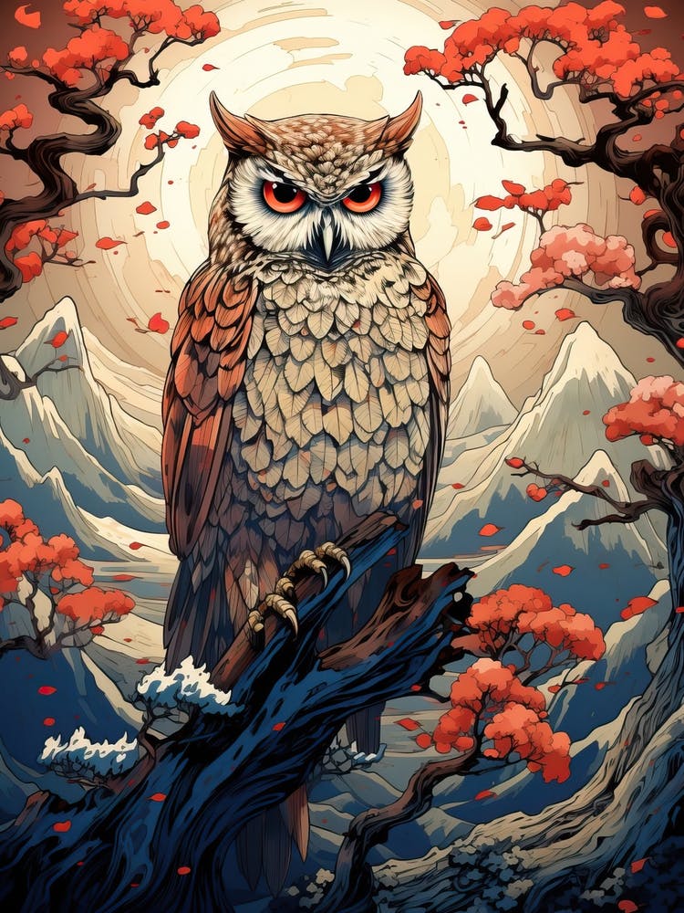 Owl Animal Drawing In The Style Of Ukiyo E 4