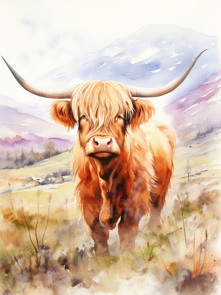 Curious Highland Cow In Field With Rolling Hills Watercolour 7