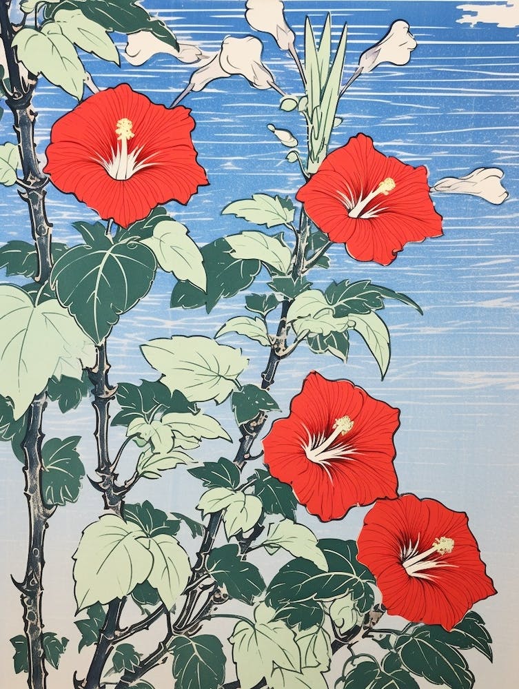 Kikyo Chinese Bellflower 2 Vintage Botanical Woodblock