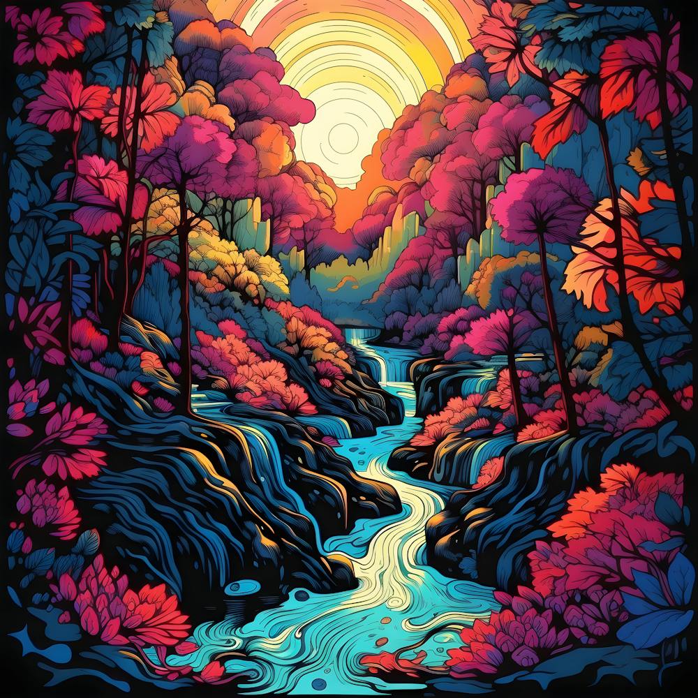 Fantasy River Forest Groovy Colorful Nature Sunset Trees Stream Landscape