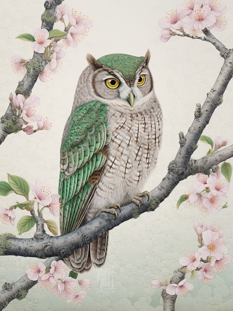 Ohara Koson Inspired Bird Painting Eastern Screech Owl 1