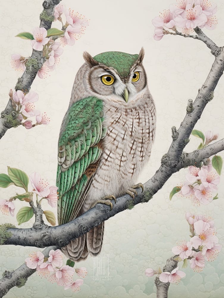 Ohara Koson Inspired Bird Painting Eastern Screech Owl 1