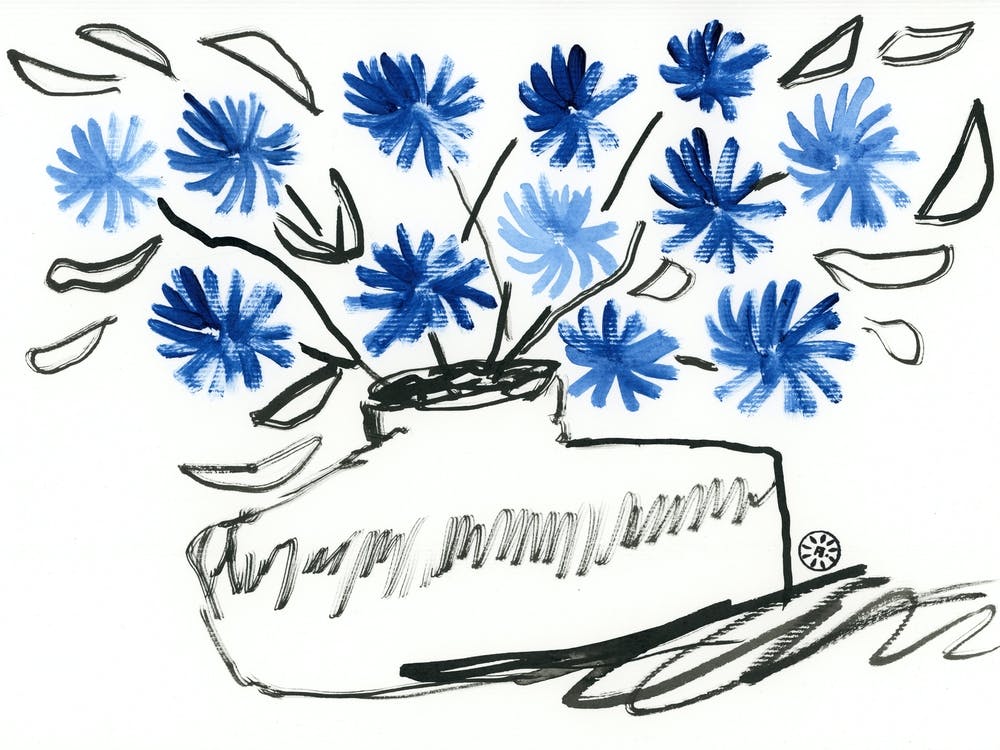 Blue Flowers In A Vase - floral blue black hand painted