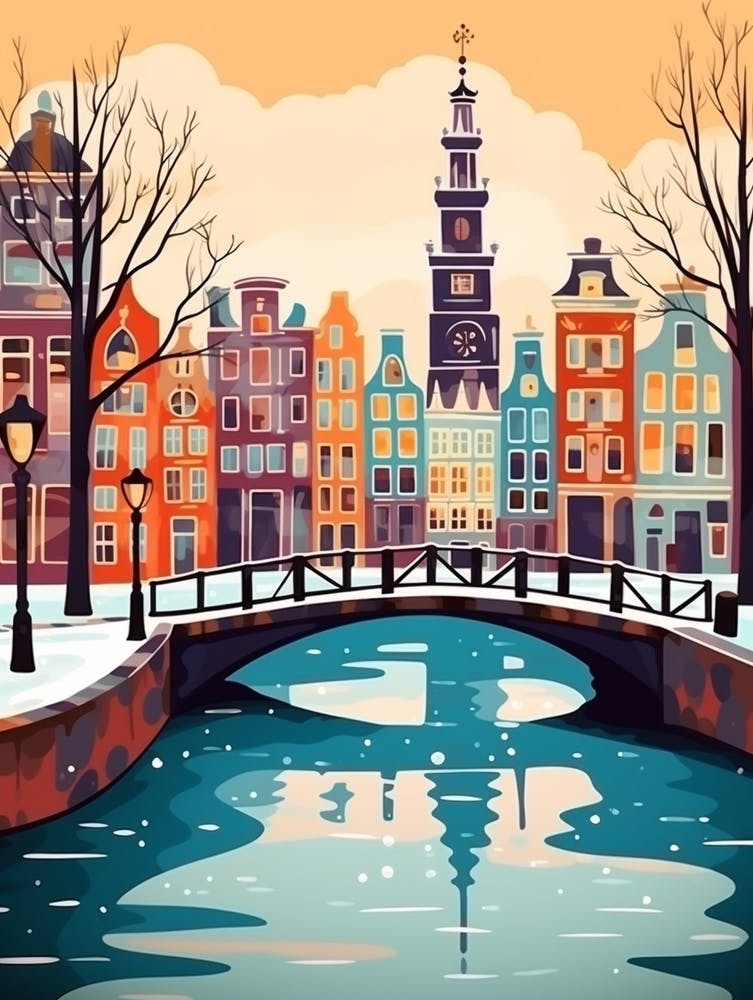 Vintage Winter Travel Illustration Amsterdam Netherlands 4