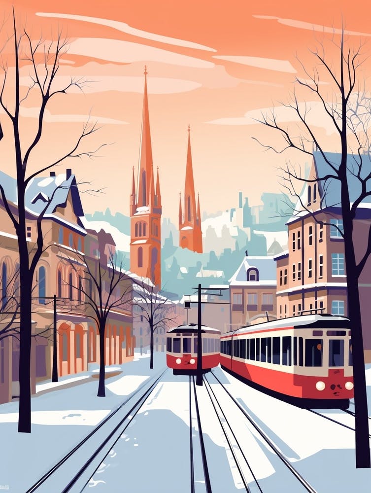 Vintage Winter Travel Illustration Zurich Switzerland 6