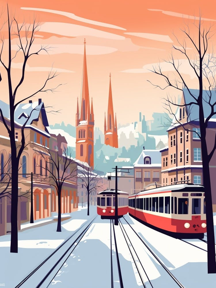 Vintage Winter Travel Illustration Zurich Switzerland 6