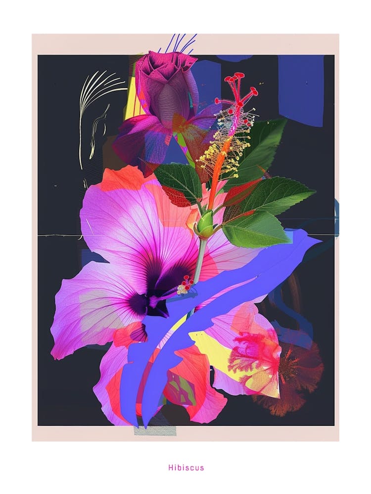 Hibiscus 4 Neon Flower Collage Poster