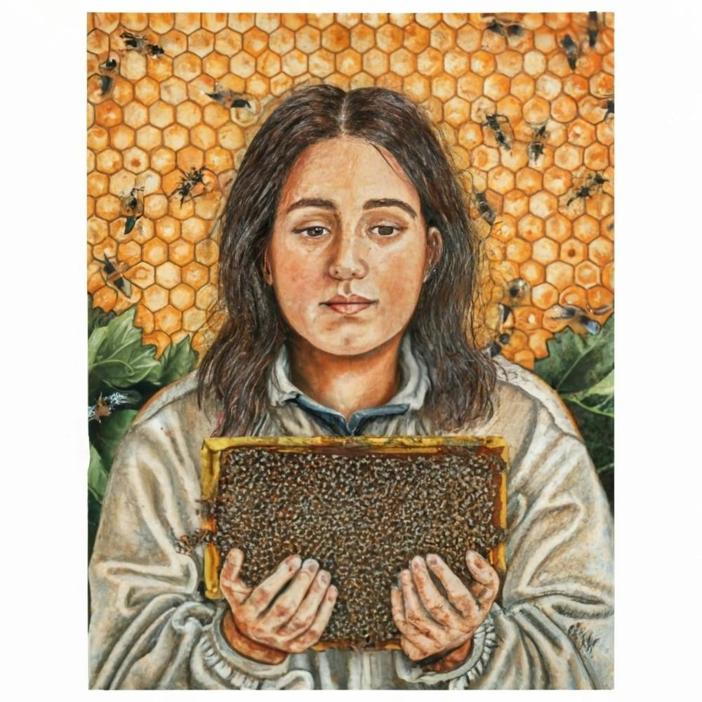 a detailed and evocative portrait of a beekeeper, surrounded by buzzing bees and honeycombs, capturing the essence of sustainable and nature-connected living. This unique and visually compelling art print is perfect for beekeeping enthusiasts and those who appreciate the harmony between humans and nature, adding a touch of ecological awareness to home decor.