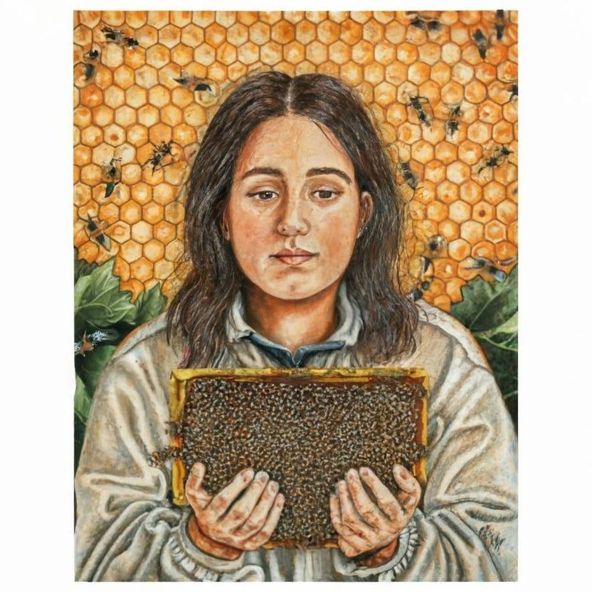 a detailed and evocative portrait of a beekeeper, surrounded by buzzing bees and honeycombs, capturing the essence of sustainable and nature-connected living. This unique and visually compelling art print is perfect for beekeeping enthusiasts and those who appreciate the harmony between humans and nature, adding a touch of ecological awareness to home decor.
