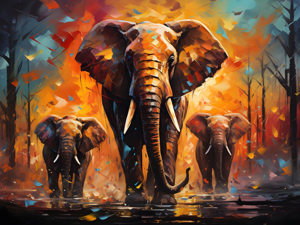 Majestic Elephant Family Art – Abstract Safari Wildlife Canvas – Vibrant African Sunset Scene – Unique Wall Decor for Nature Enthusiasts – Perfect Gift for Animal Lovers – Bold and Colorful Home Art Piece