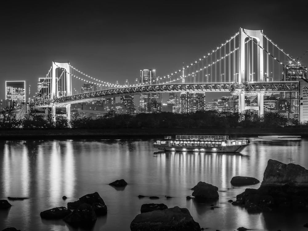 Gorgeous Nightly Rainbow Bridge With Tokyo Skyline In Monochrome