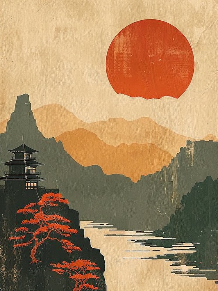 Japan Lake At Sunset Mid Century Modern