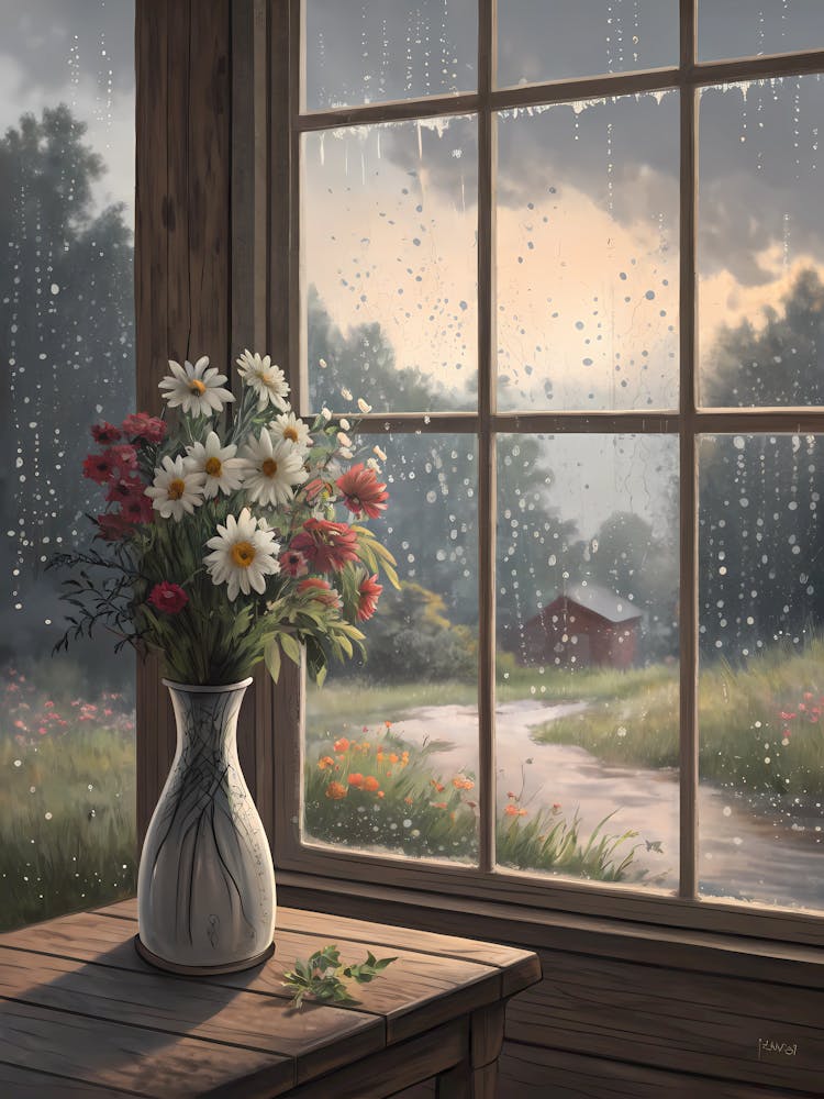 Rainy Window Still Life Daisies & Rustic Scenery