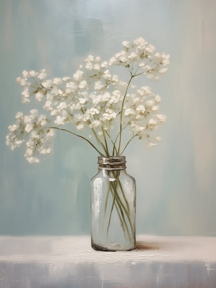 Ölgemälde Eines Einfachen Straußes Schleierkraut In Einer Vintage Glasflasche, Pastell Töne