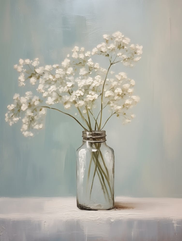 Ölgemälde Eines Einfachen Straußes Schleierkraut In Einer Vintage Glasflasche, Pastell Töne