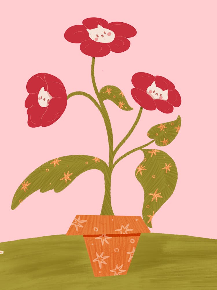 Flower Pot - Cats in Flowers - Floral Cat Art