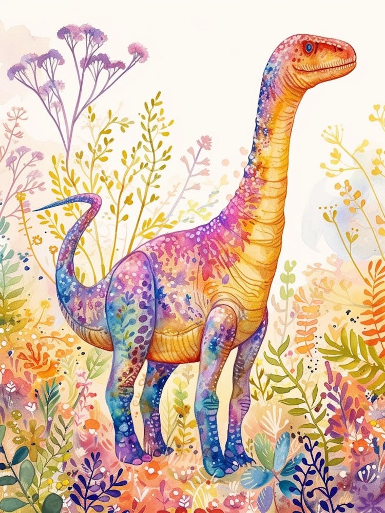 Pastell-Regenbogen-Diplodocus-Dinosaurier in den Pflanzen