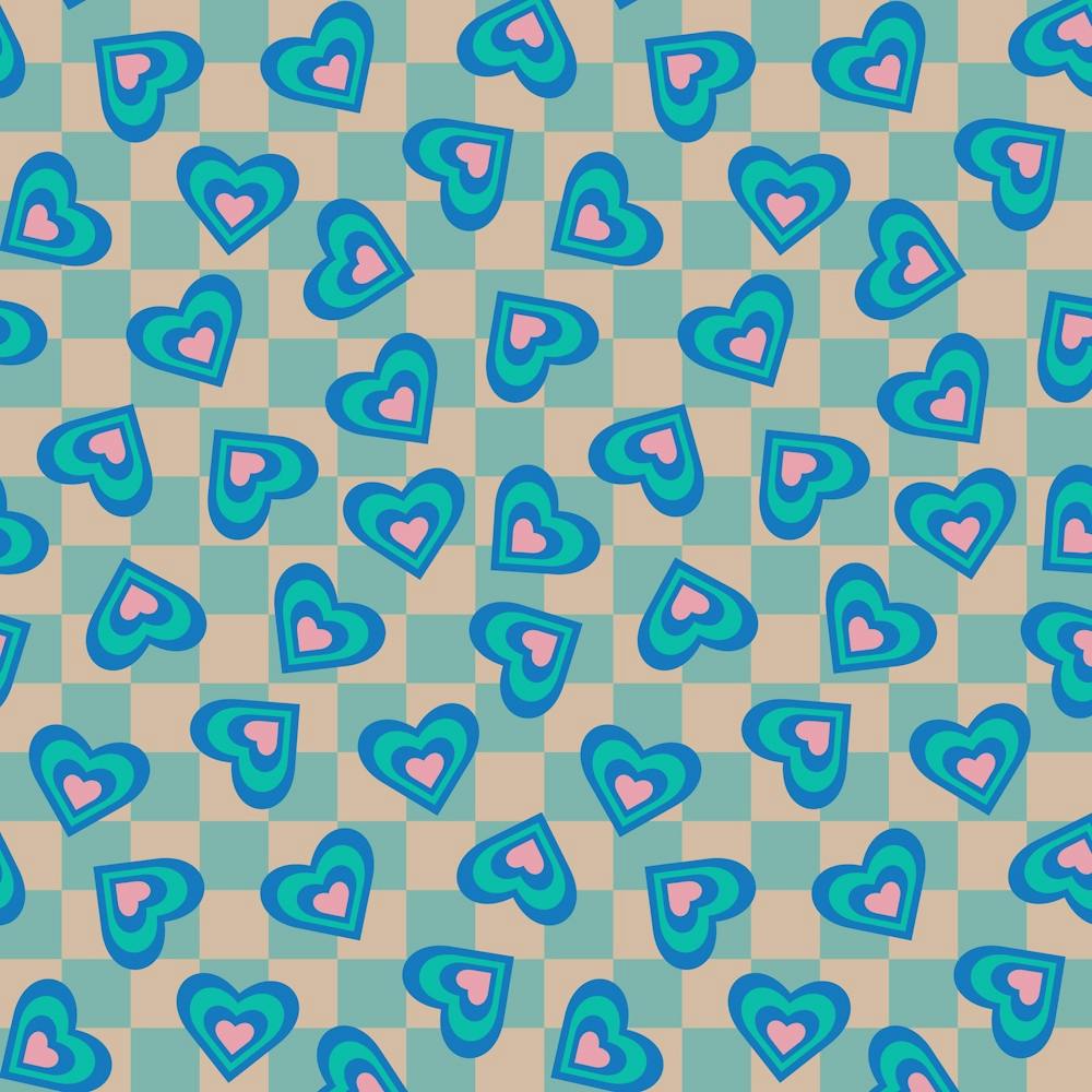 LOVE HEARTS CHECKERBOARD Tossed Retro Alt Valentines in Royal Blue Turquoise Pink on Beige Aqua Geometric Grid