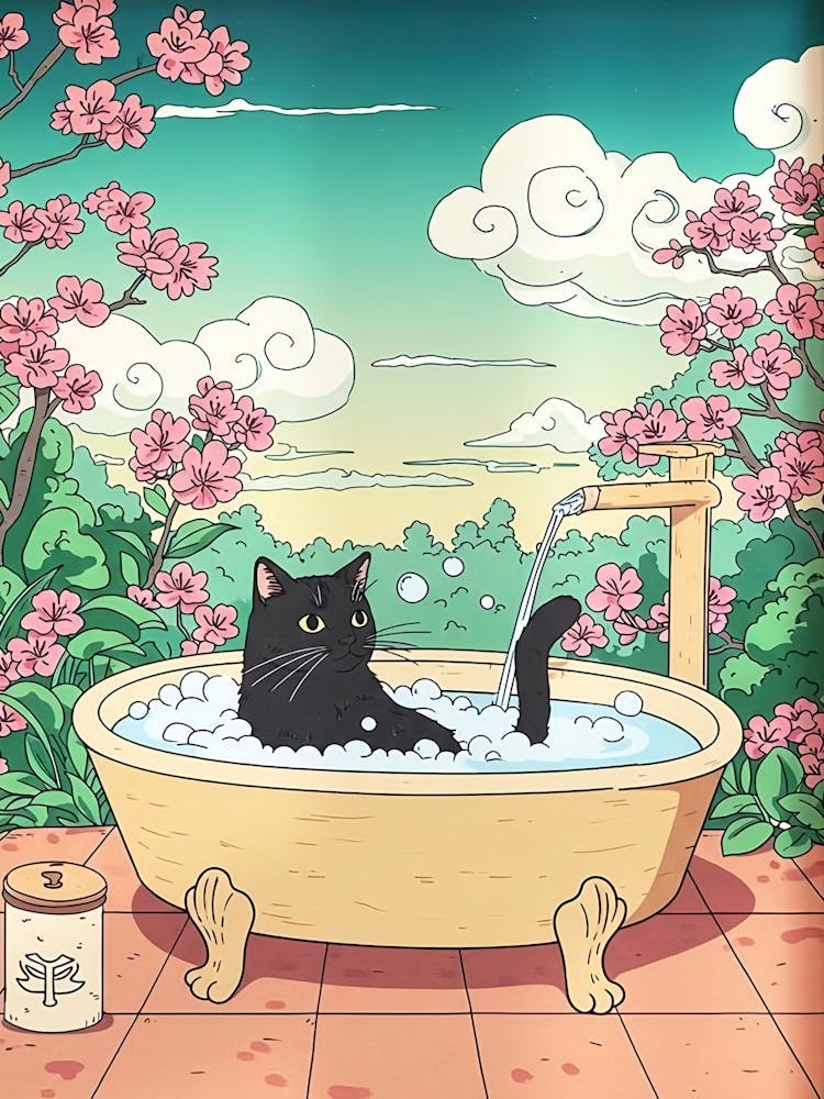 Black Cat In Bathtub Print, Japanese, Japanese Cat Bathroom Print, Japandi Wall Art, Cherry Blossom Cat Poster, Cat Lover Wall Art