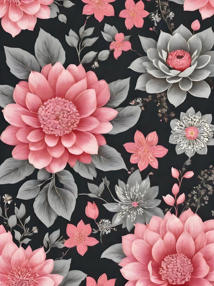 Painted Spring and Summer Flowers Boho Pattern - Dark Grey Background Pink and Grey Bohemian Blooms Wallpaper Art Like Amy Butler and William Morris Fabric Print For Lunar Pagan Gallery Feature Wall Floral Botanical Luna Lover HD