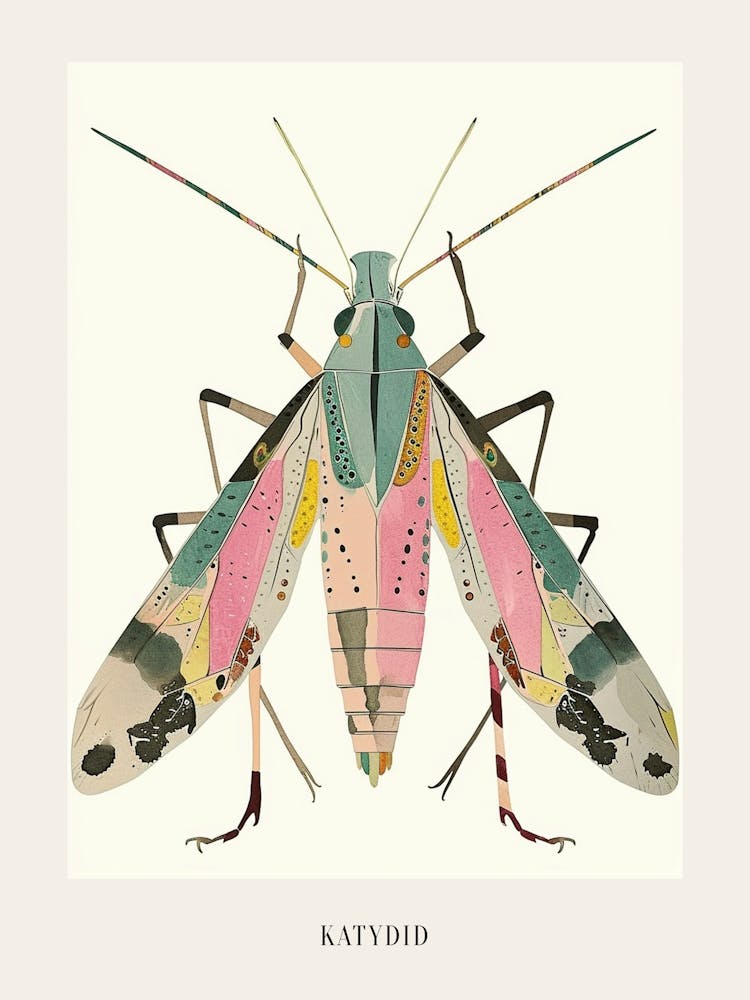 Colourful Insect Illustration Katydid 6 Poster