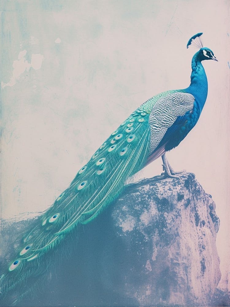 Vintage Turquoise Peacock On A Rock Photography Style 4