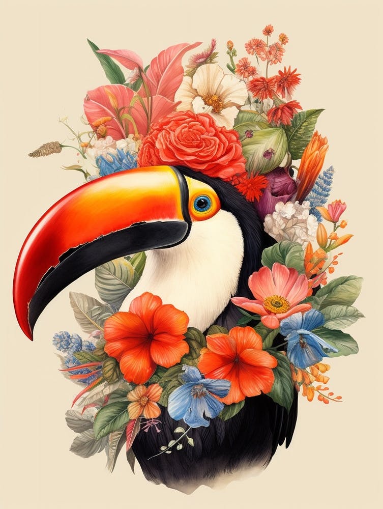 Vogel mit einer Blumenkrone Toucan 2