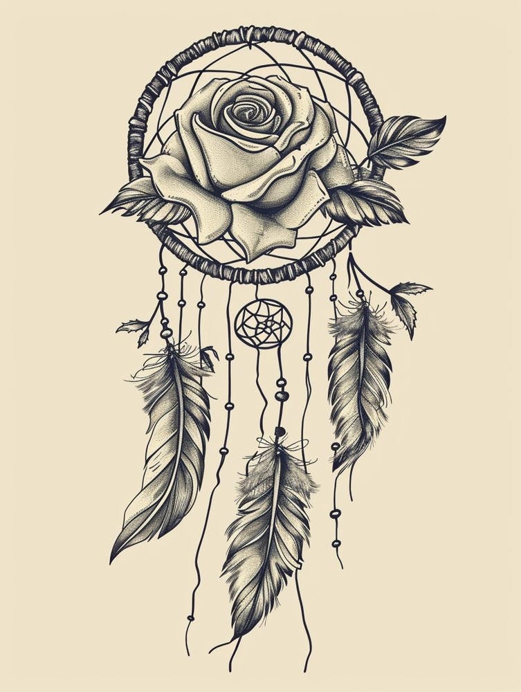 English Rose Dreamcatcher Line Drawing 2