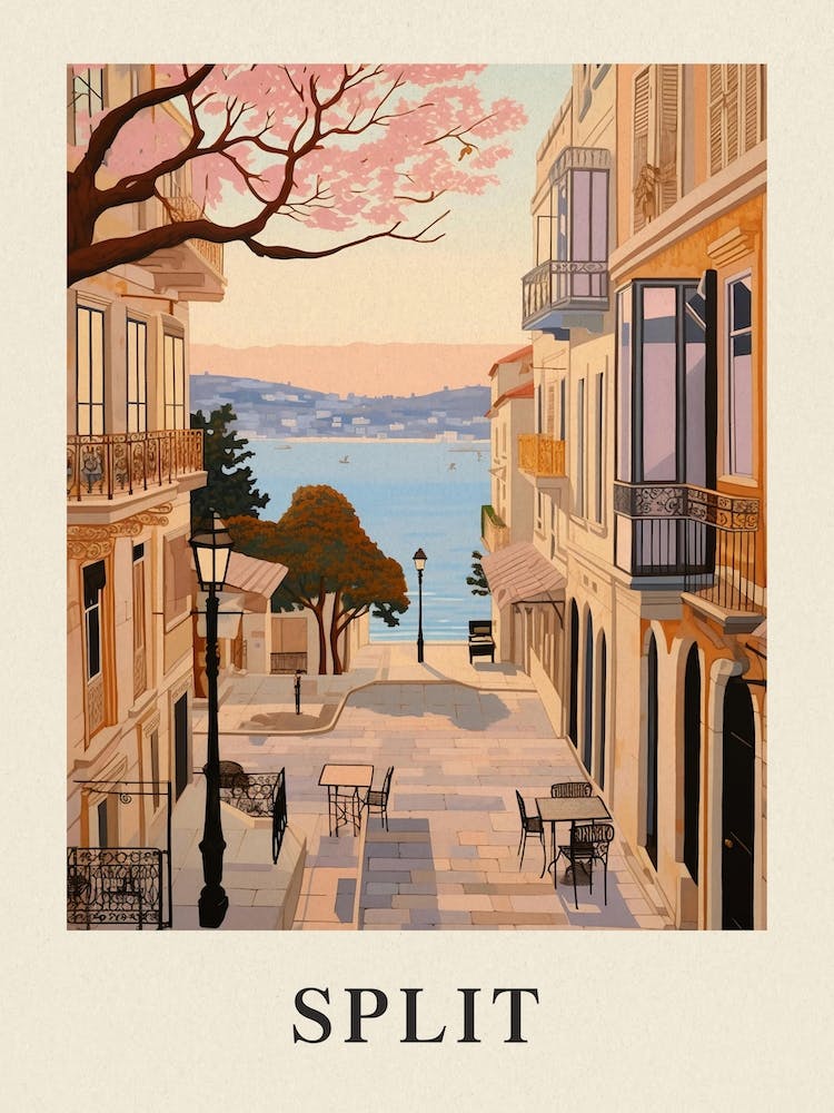 Split Croatia 2 Vintage Pink Travel Illustration Poster