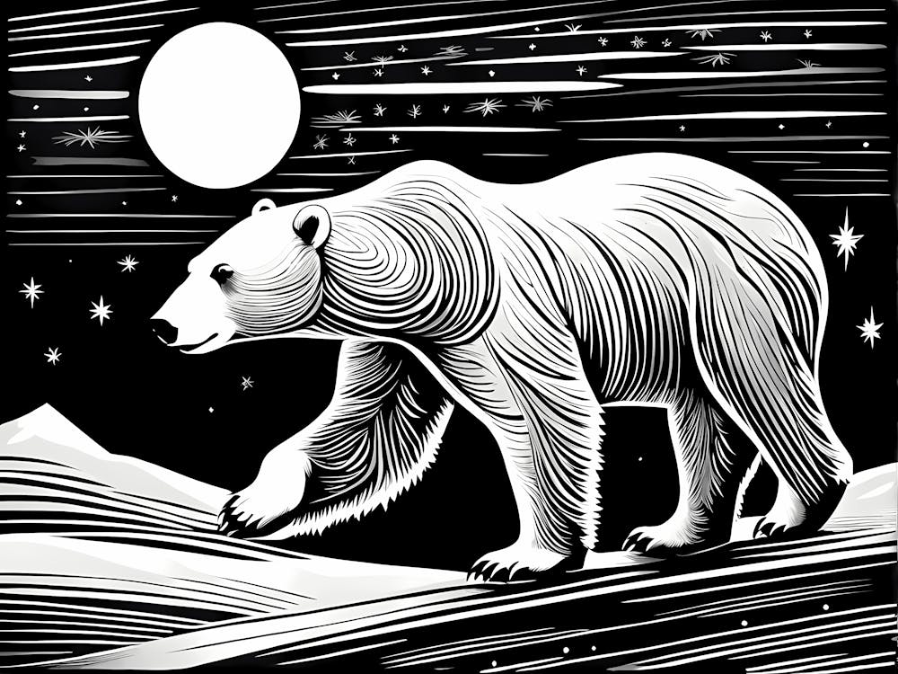 Polar Bear Cavorting In The Arctic Expanse Linocut Art, animal art, 171