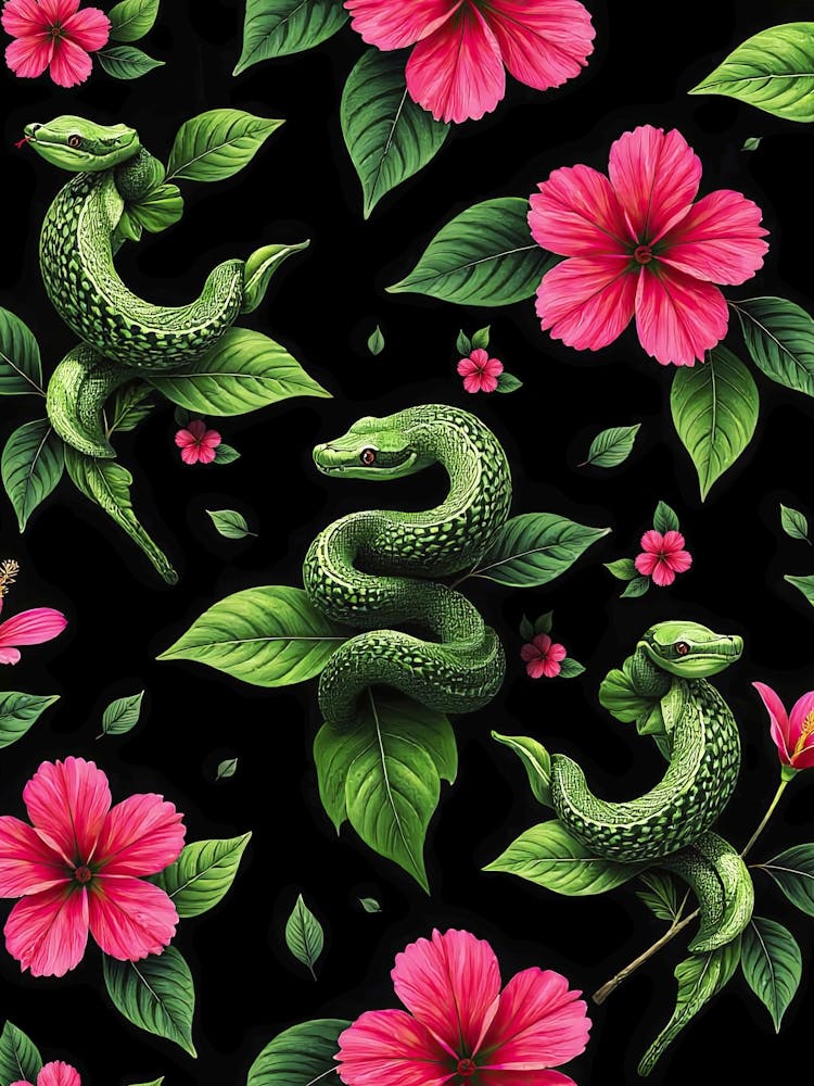 Tropical snakes and flowers - Chinese New Year 2025, seamless floral art poster