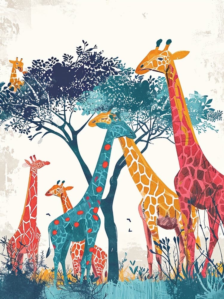Giraffe Herd Under The Tree Watercolour 8
