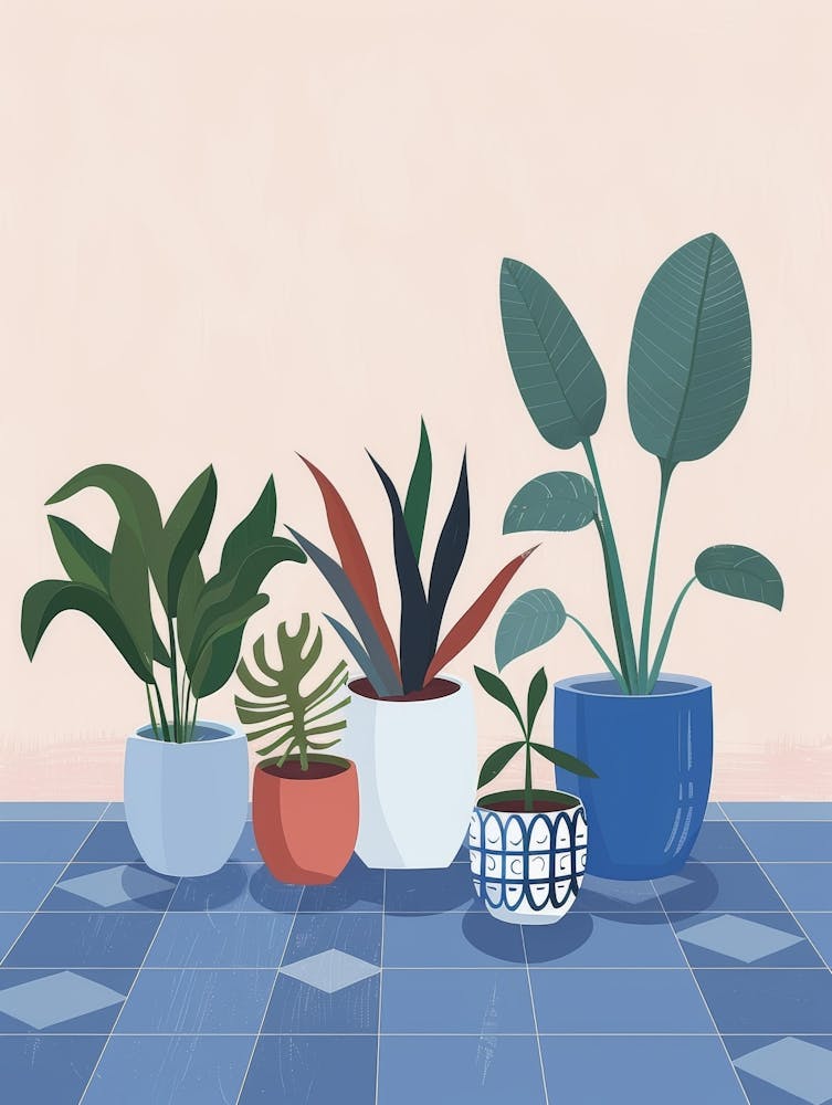 Potted Plants On A Tile Floor