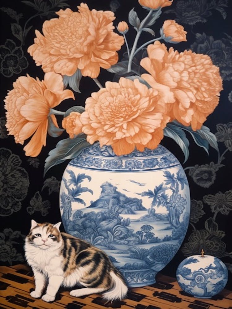 Peony With A Cat 1 William Morris Style
