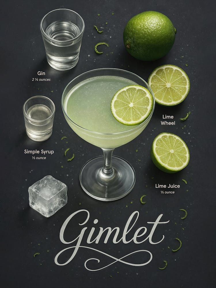 Gimlet Cocktail Poster – Gin and Lime Minimal Classic: Sharp, clean, and classy – this gimlet features gin and fresh lime with a minimal, citrusy twist. A refined poster with elegant typography for your kitchen or bar – perfect for fans of sour drinks and timeless evening cocktails.