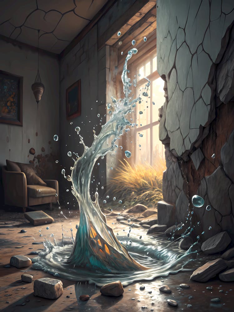 3D Water Splashing Through a Room Oil Painting Style