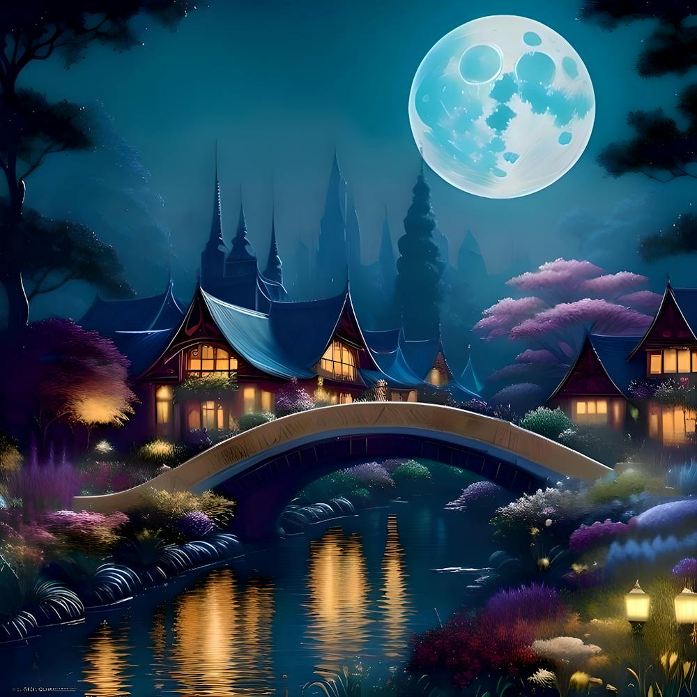 A stream on a moonlit night, illuminated by the moonlight, shining on the trees and plants. On both sides of the stream are beautiful buildings in a peaceful scene.
