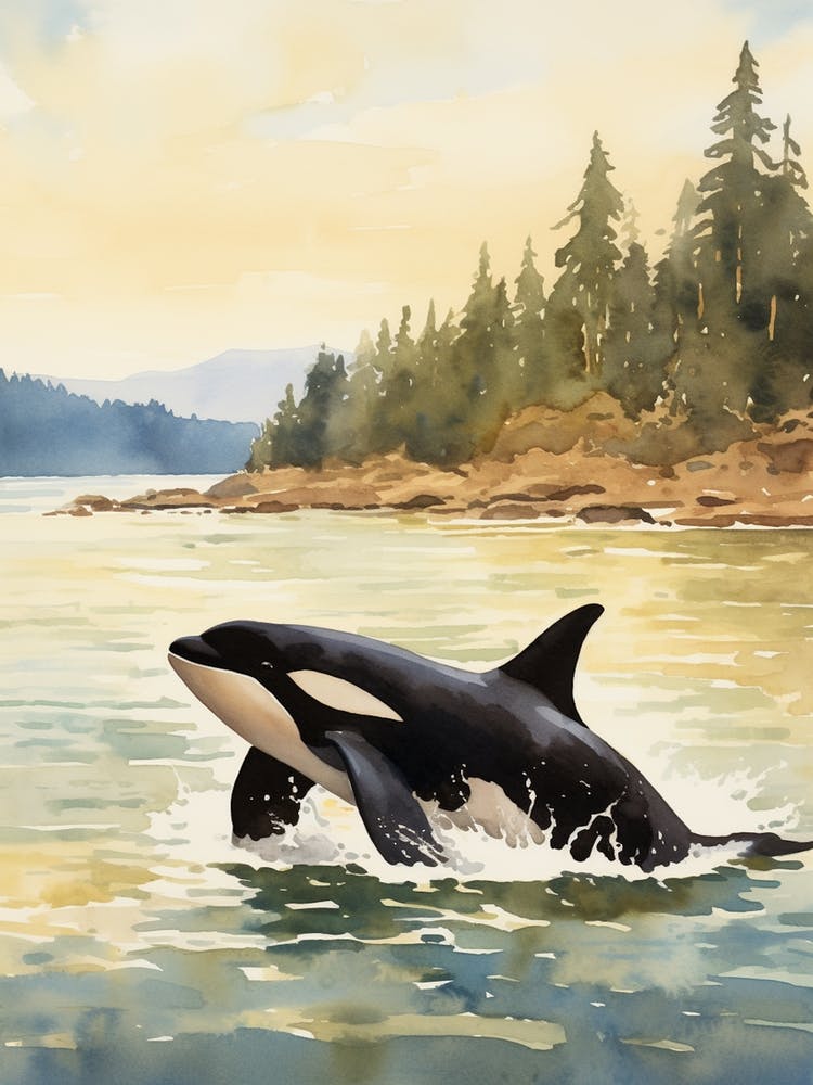 Orca Whale Watercolour At Sunrise