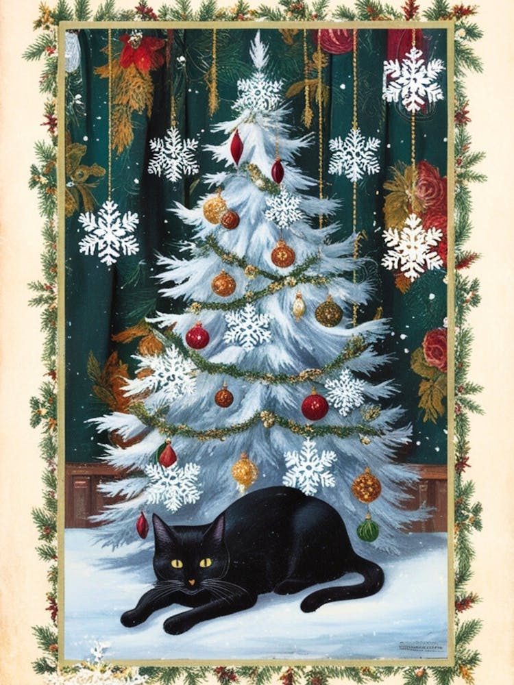 William Morris Black Cat Under Christmas Tree 2