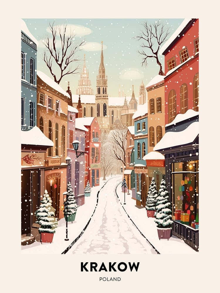 Vintage Winter Travel Poster Krakow Poland 3
