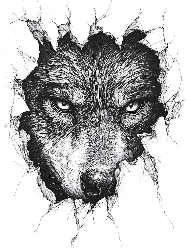 Angry Wolf Watching from Wall Hole 2