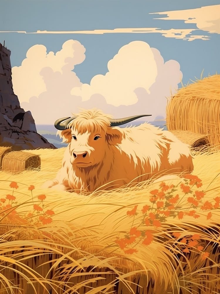 Blonde Highland Cow Lying In The Straw